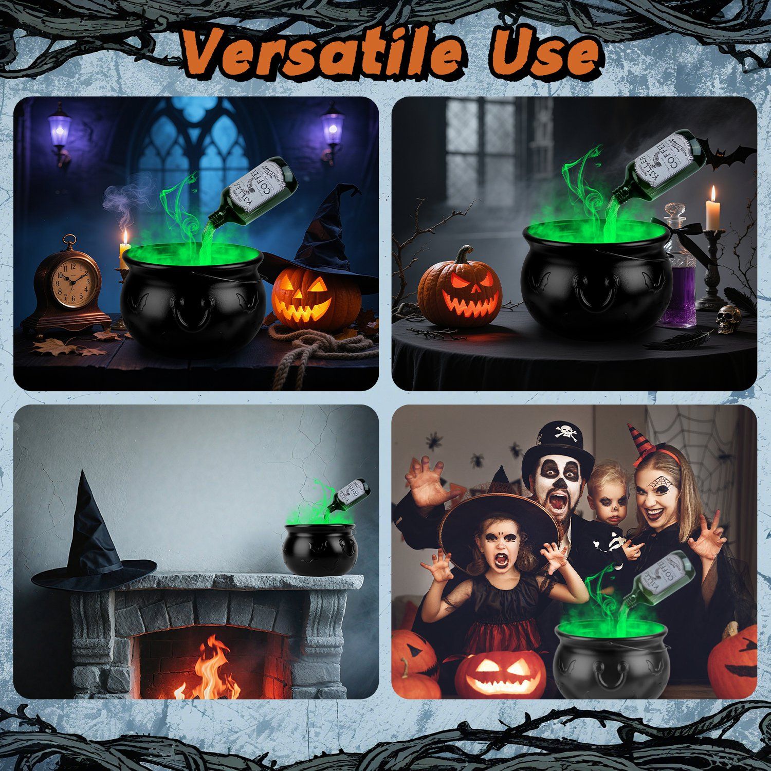 Halloween Witch Cauldron Floating Bottle Set with Green Mist Light USB Powered for Party Decor