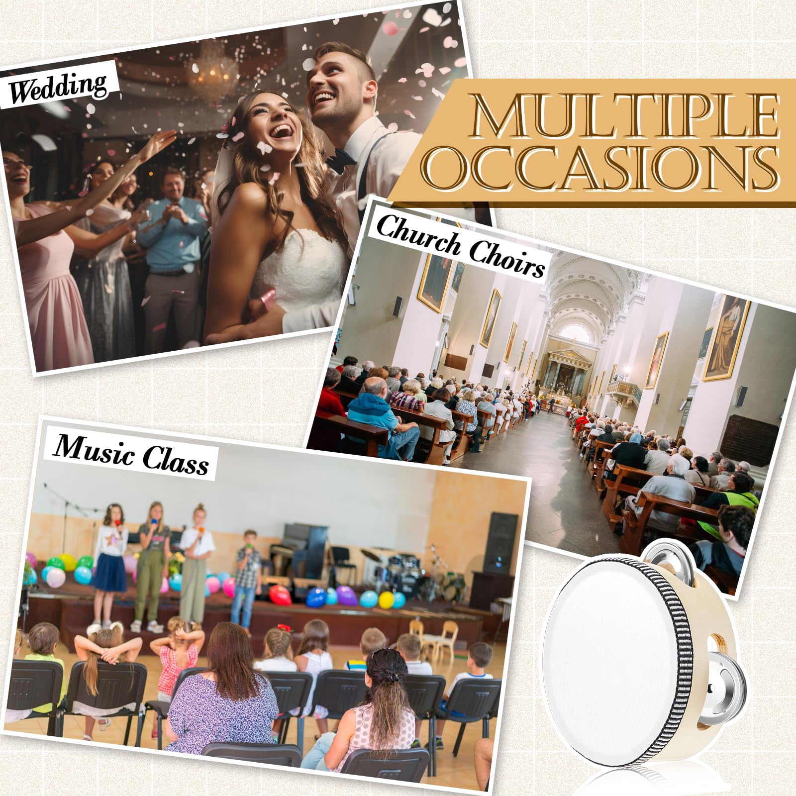 12 Pcs Tambourine Drum Bulk For Adults Hand Held Percussion Gift Operation Christmas Items Wood Metal Jingles Musical Educational Instrument Church Wedding Party Games(white)