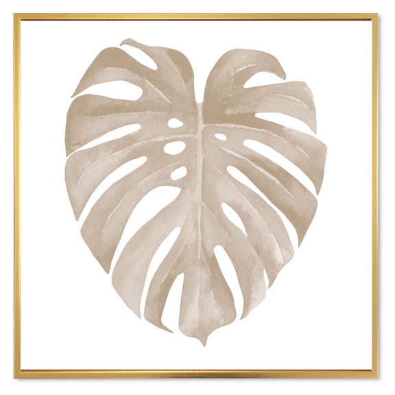 Designart 'Beige Ivory Pastel Monstera Heart Shaped Tropical Leaf' Traditional Framed Canvas Wall Art Print