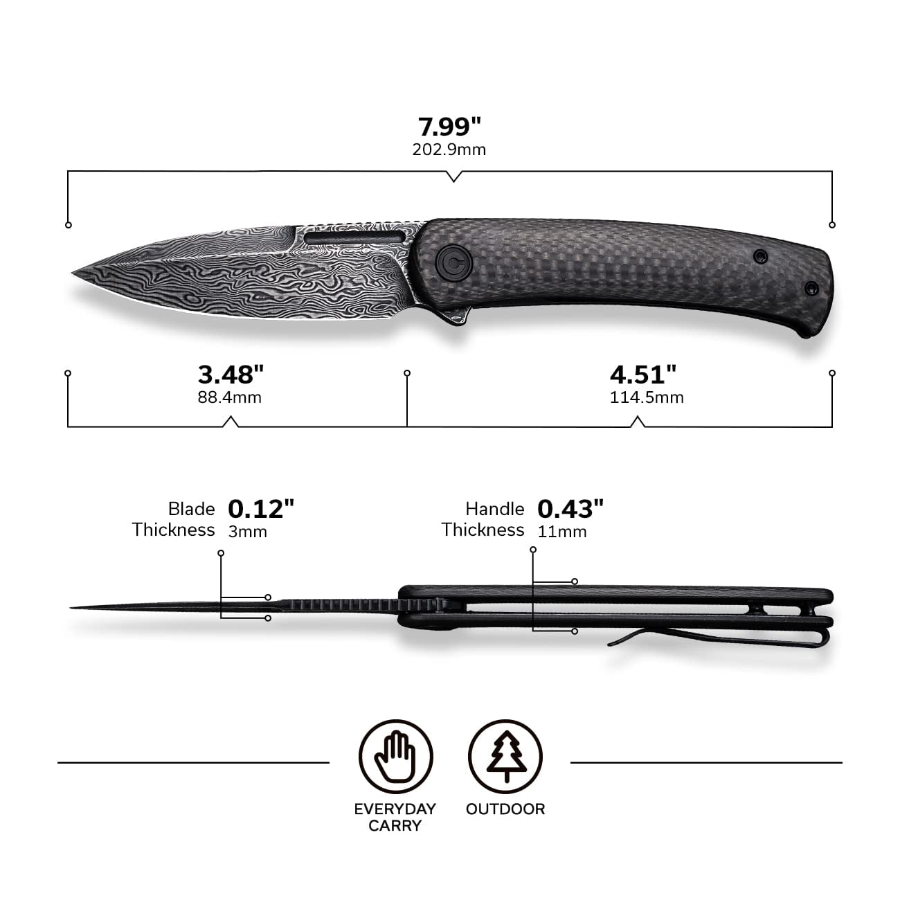 CIVIVI Cetos Folding Knife, 3.48-in Damascus Blade Spear Point with Twill Carbon Fiber Scale Frame Lock C21025B-DS1