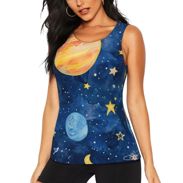 Balery Planets And Stars1 Camiseta sin mangas estampada ligera para mujer, tops de entrenamiento sin mangas, camisetas de yoga transpirables de secado rápido.-Medium