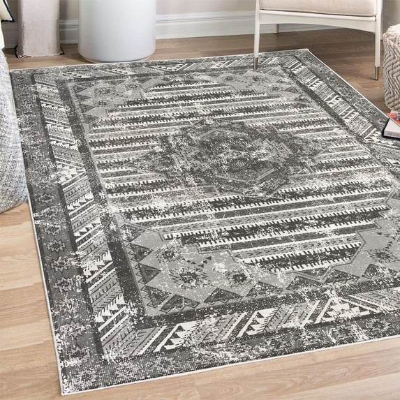 Ethnic Decorative Rug, Folkloric and Bohemian Artwork of Geometric Cultural Ornaments Rustic Look Grayscale Art, Quality Carpet for Bedroom Dorm and Living Room, 6 Sizes, Grey, by Ambesonne