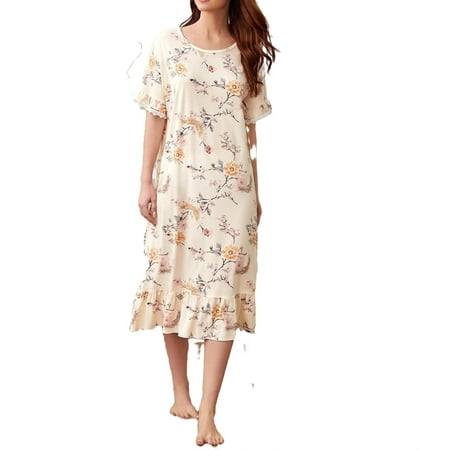 

Women s Floral Sleepdress Short Sleeve Lace Ruffle Hem Night Dress Long S(4)