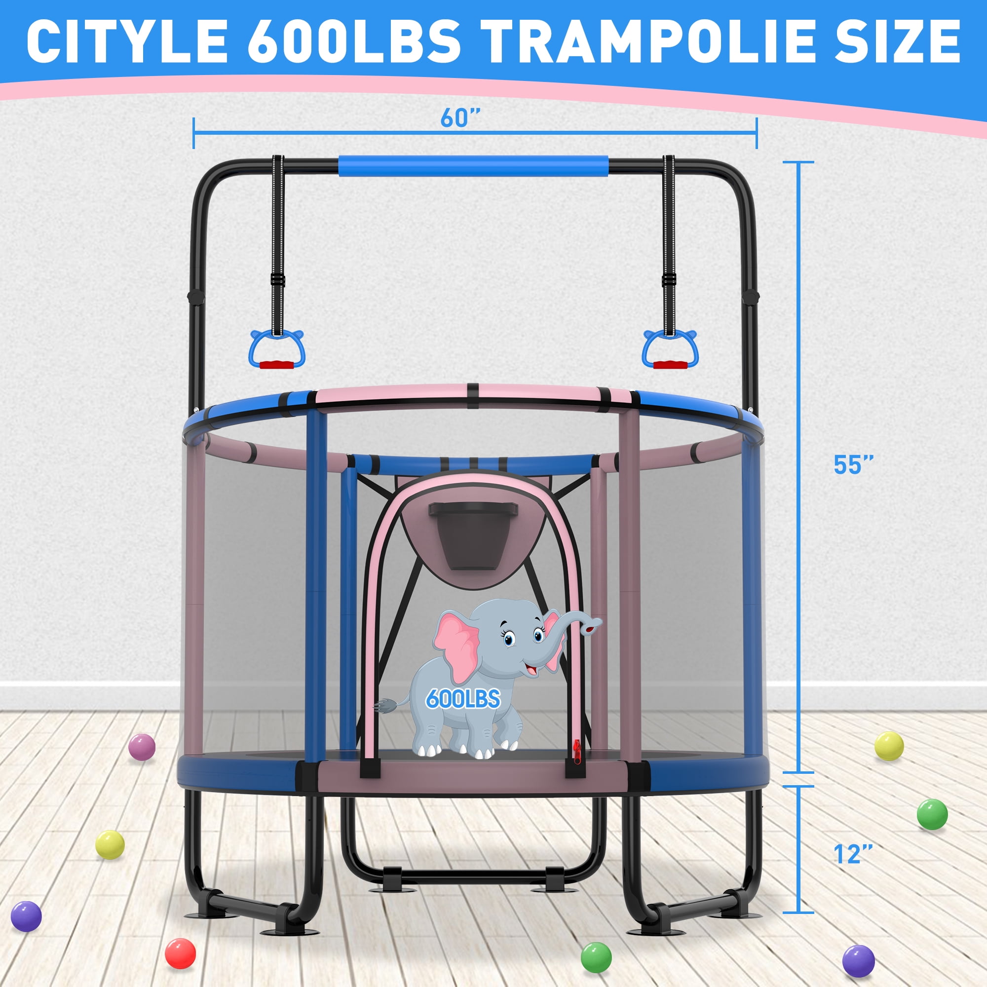 CITYLE 600LBS Trampoline for Toddlers 5FT 60'' Indoor Mini Trampoline for Kids with Enclosure, Basketball Hoop, Swing, Adjustable Bar, Small Toddler Trampoline Gifts for Boys & Girls