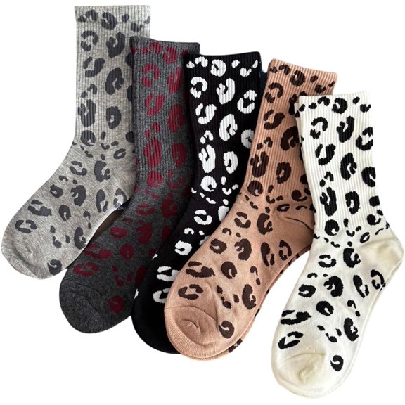CoCoMangos Women's 4 Pairs Leopard Print Ribbed Mid Calf Socks Comfortable Pattern Crew Sock