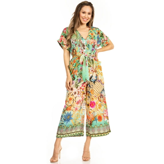 Sakkas Irise Women's Short Sleeve V neck Floral Print Casual Boho Jumsuit Pockets - 600-Turq - S/M
