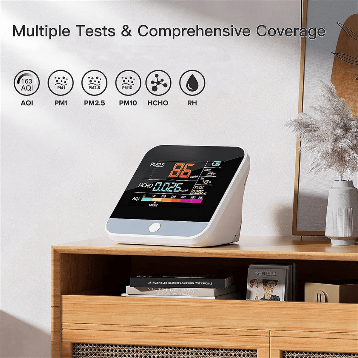 Eight in One Indoor Air Quality Monitor PM2.5/PM1 /PM10 Monitor Temperature Formaldehyde TVOC Air Quality Tester,1 x Air Quality Monitor 1 x USB charging cable 1 x English manual,white black