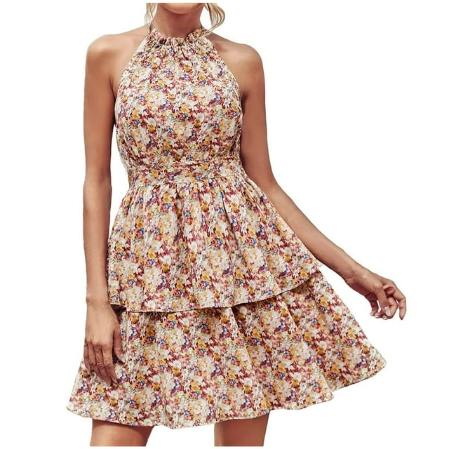 Summer Dresses for Women 2022 Halter Neck Off Shoulder Sleeveless Backless Floral Printing Ruffle A-Line Dress