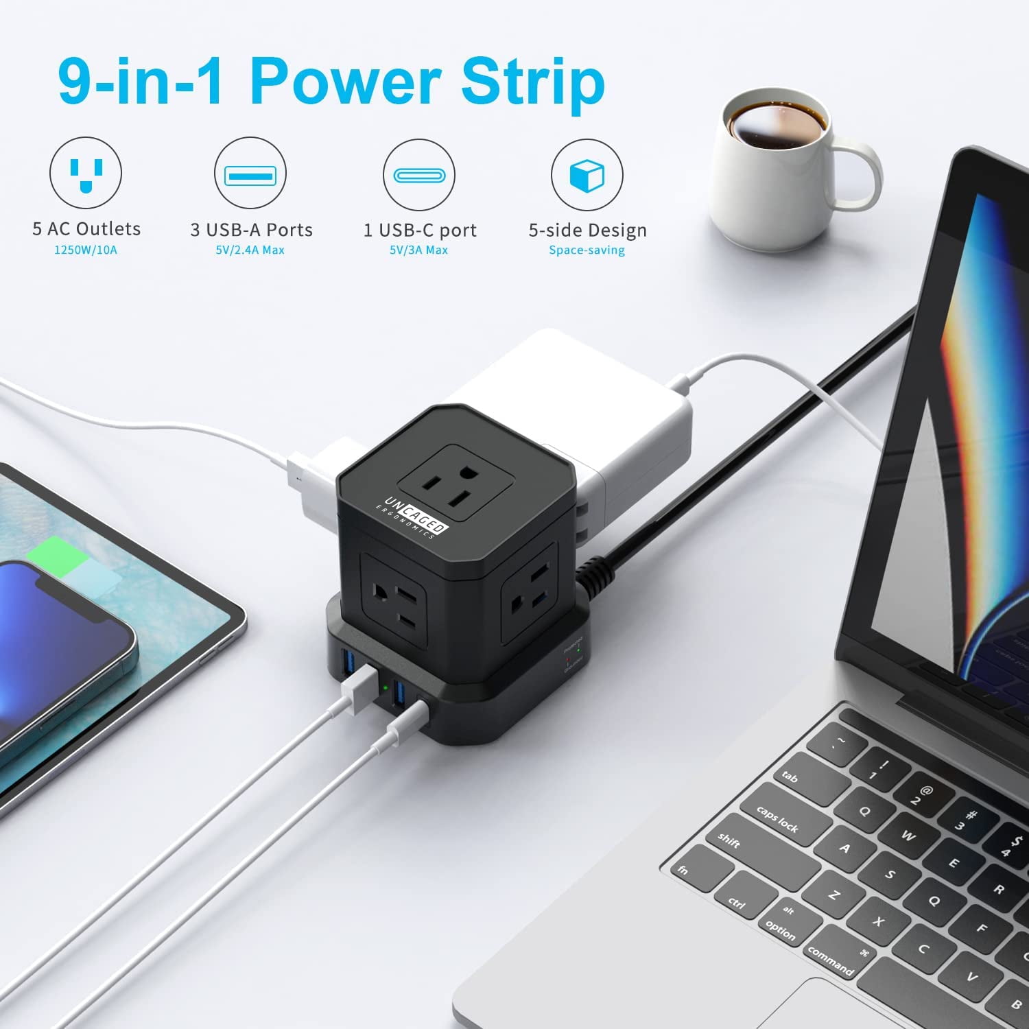 Cube Power Strip with Surge Protection – 10ft Extension Cord, 5 AC Outlets + 3 USB + 1 USB-C Fast Charging Ports, Mountable Charging Station with On/Off Switch