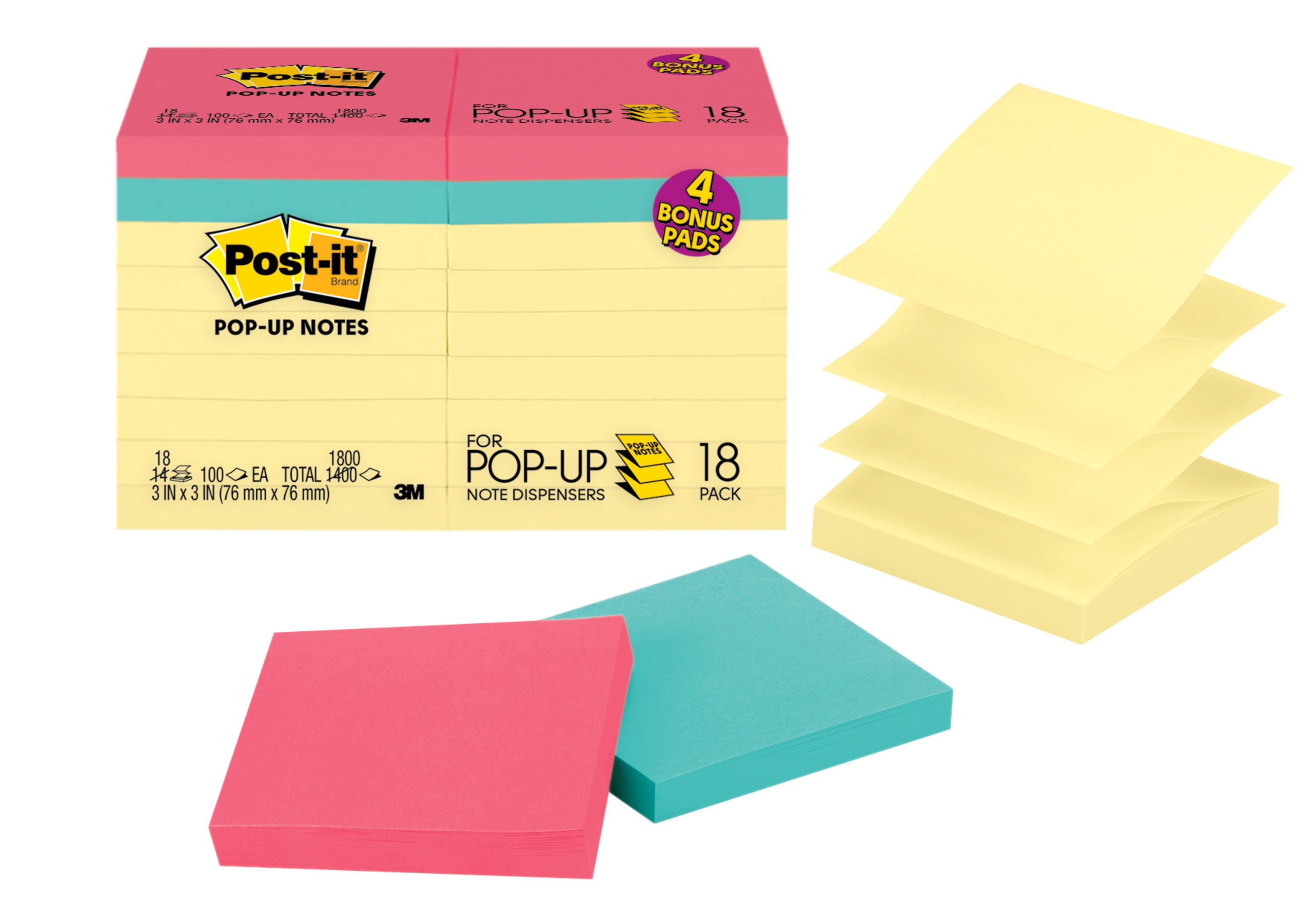 Postit Popup Notes, 3" x 3" Notes, 14 Yellow Pads & 4 Color Pads