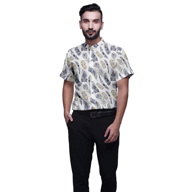 BESTMAN Chemise en Coton pour Hommes Manches Courtes Col Mandarin Imprimé Chemise Décontractée
