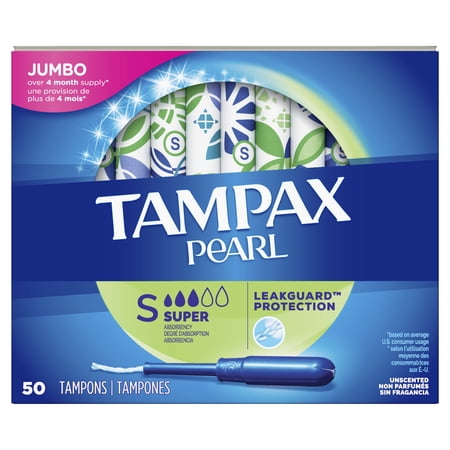 Tampax Pearl Super Absorbency Plastic Tampons, Unscented, 50 Ct