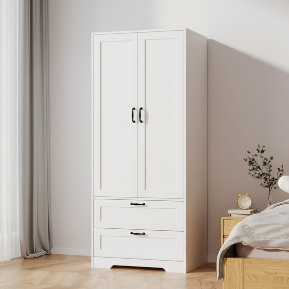 Armoire Wardrobe Closet with 2 Drawers,Modern Wooden Bedroom Armoire withDoors, Clothing Storage Cabinet withHanging Rod,for bedroom