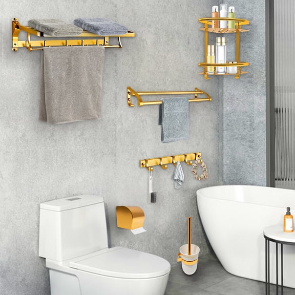 Bathroom Accessories Set Wall-Mounted Bath Toilet Brush Hardware Towel Rack Gold