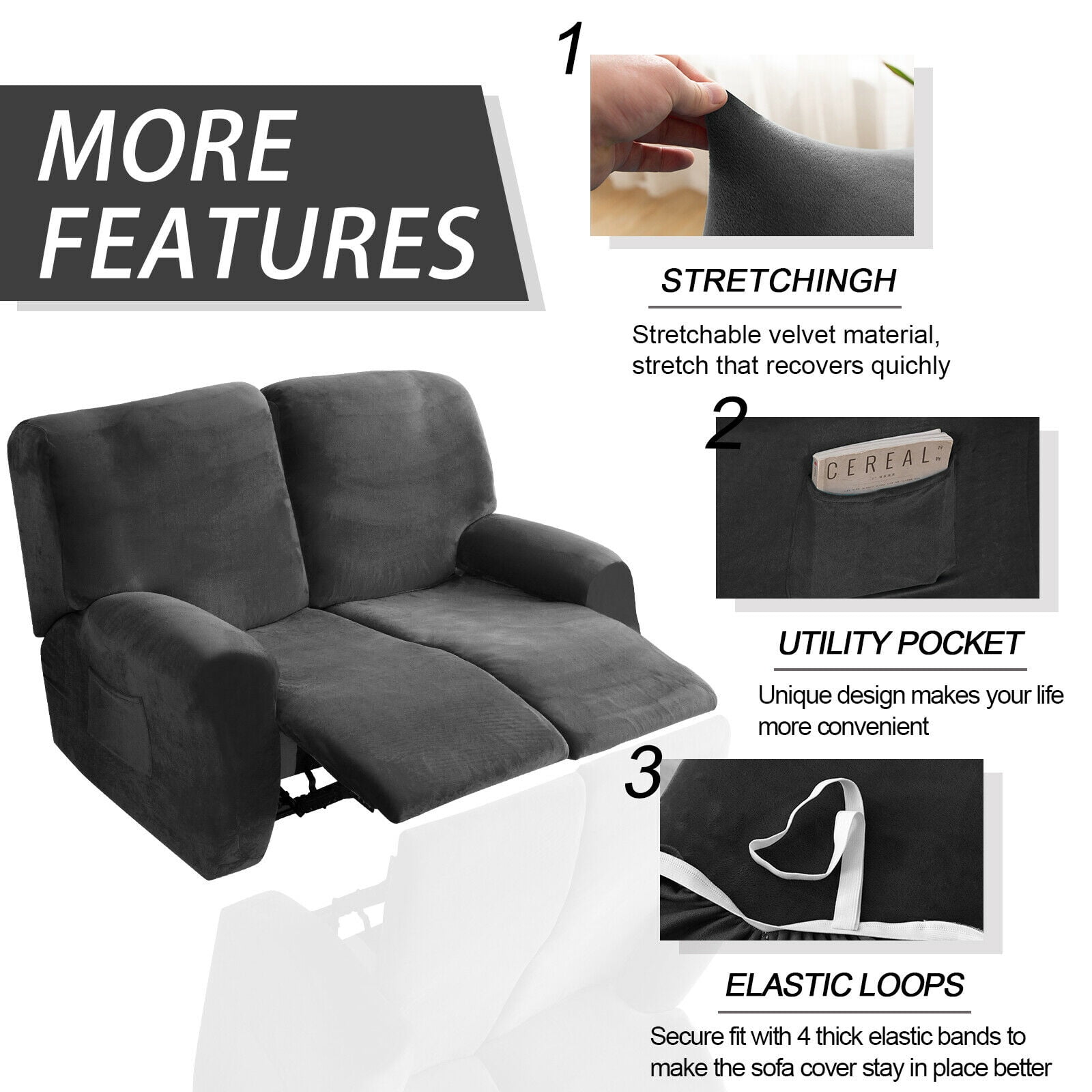 SHANNA Reclining Love Seat Slipcover, 2-Seater 6-Piece Velvet Stretch Loveseat Reclining Sofa Covers, Dark Gray