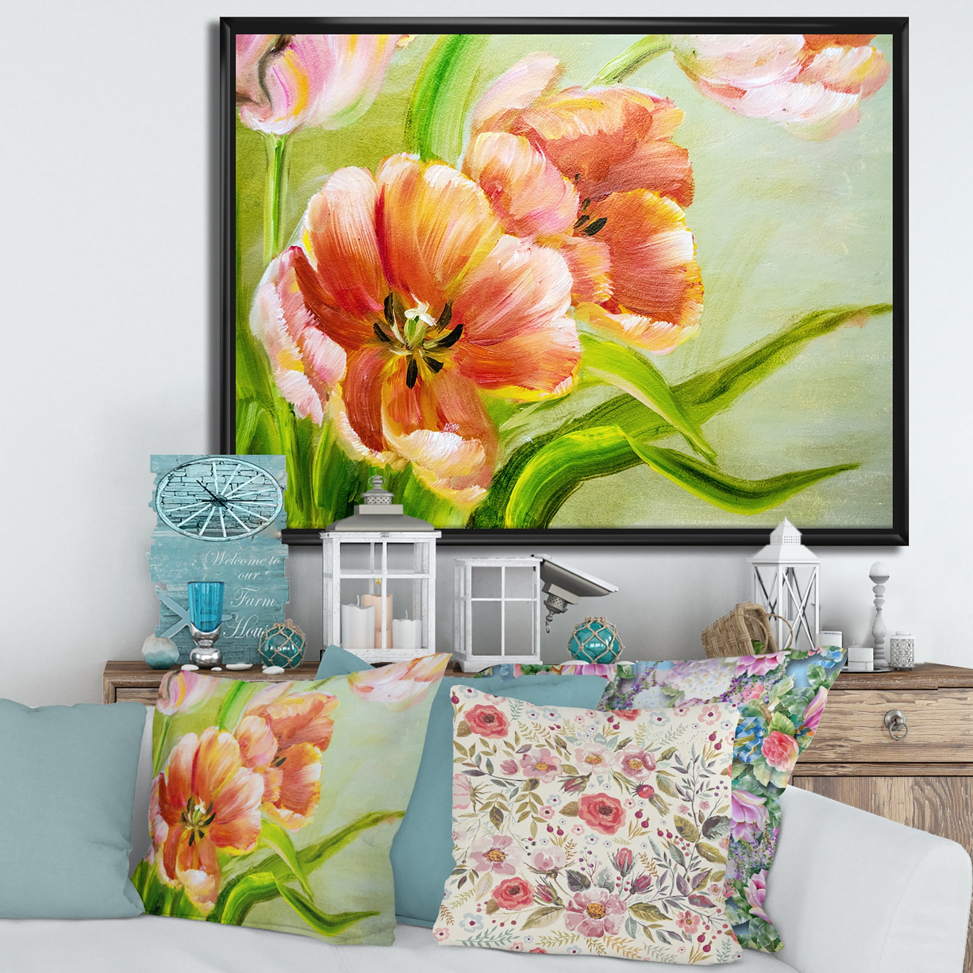 Ancient Red Tulips Flowers II 20 in x 12 in Framed Painting Canvas Art Print, by Designart