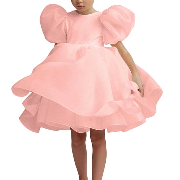 Zpanxa Kids Puff Sleeve Organza Party Dress, Girls Round Neck Voluminous Skirt formal Gown for Birthdays & Events Pink 3 Years