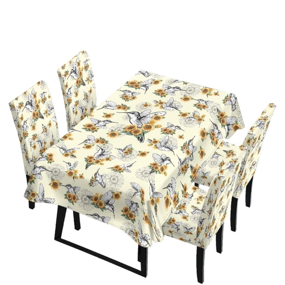 Xoenoiee Hummingbird Sunflower Pattern 5 Pcs Tablecloth Chair Cover Set Chair Covers Waterproof Rectangle Table Cloth for Dining Room Banquet Party Festival Decoration