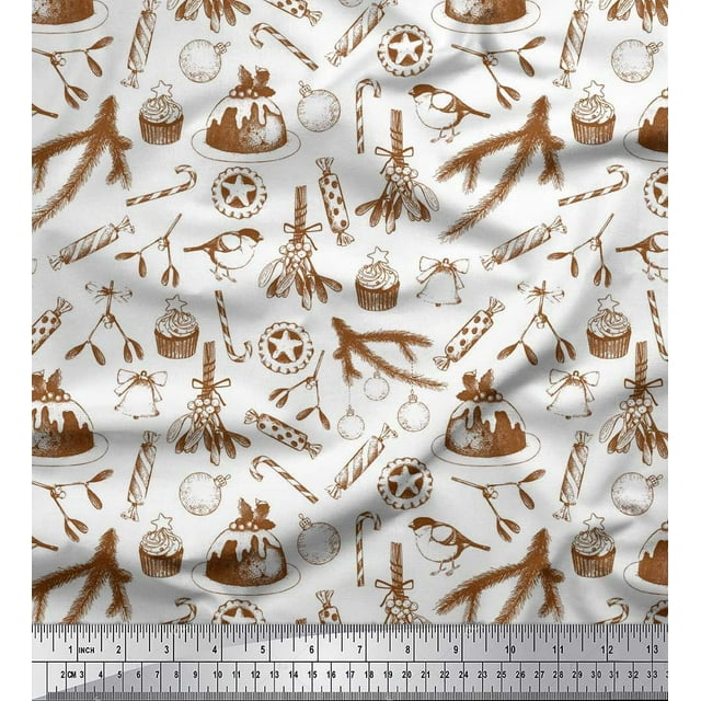Soimoi Red Poly Georgette Fabric Stripe,Bell & Tree Christmas Print Sewing Fabric Yard 42 Inch Wide