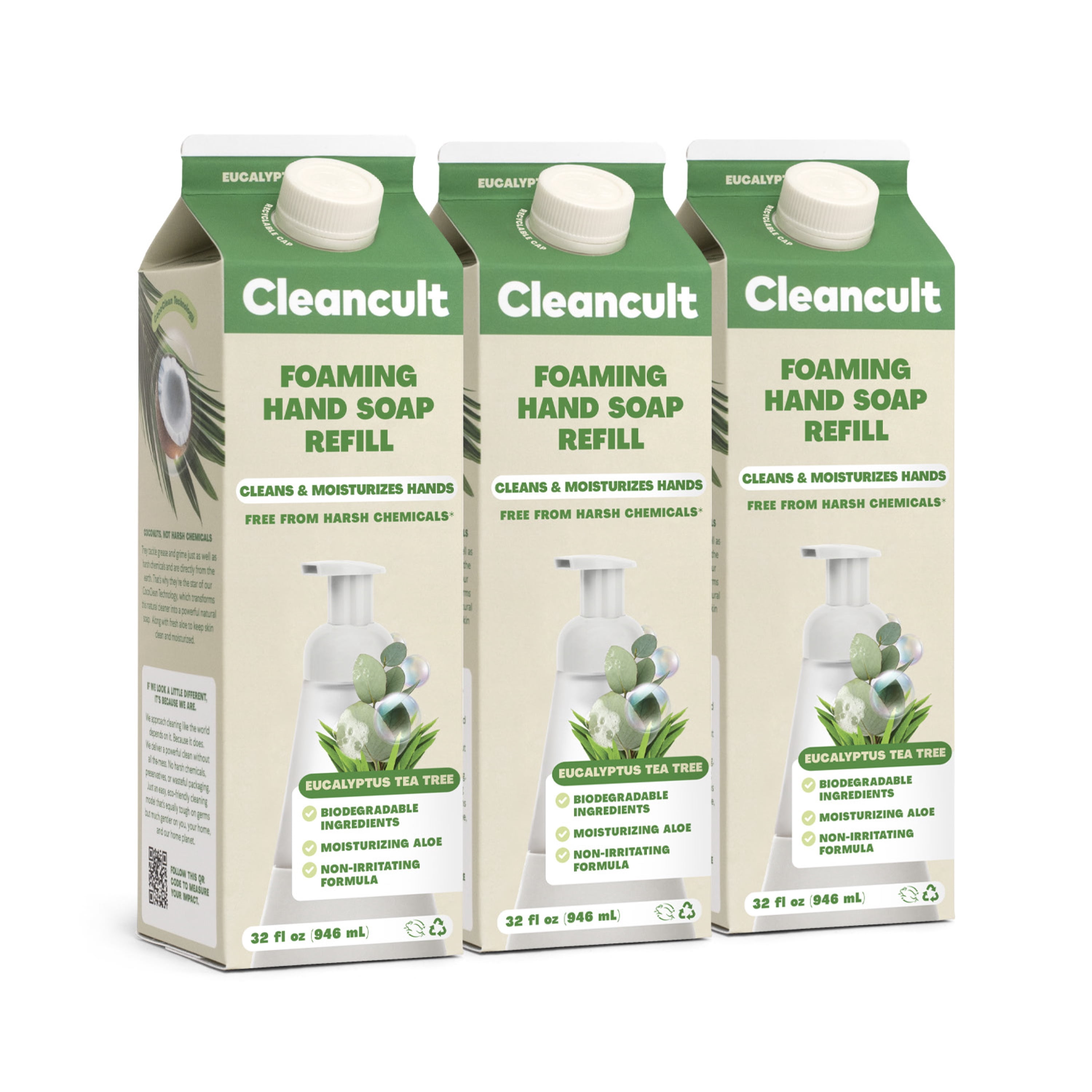 Cleancult Foaming Hand Soap Refills, Eucalyptus Tea Tree, 32oz, 3 Pack - Coconut-Derived Foam Hand Soap that Nourishes & Moisturizes - Made with Aloe - Paraben & Phthalate Free