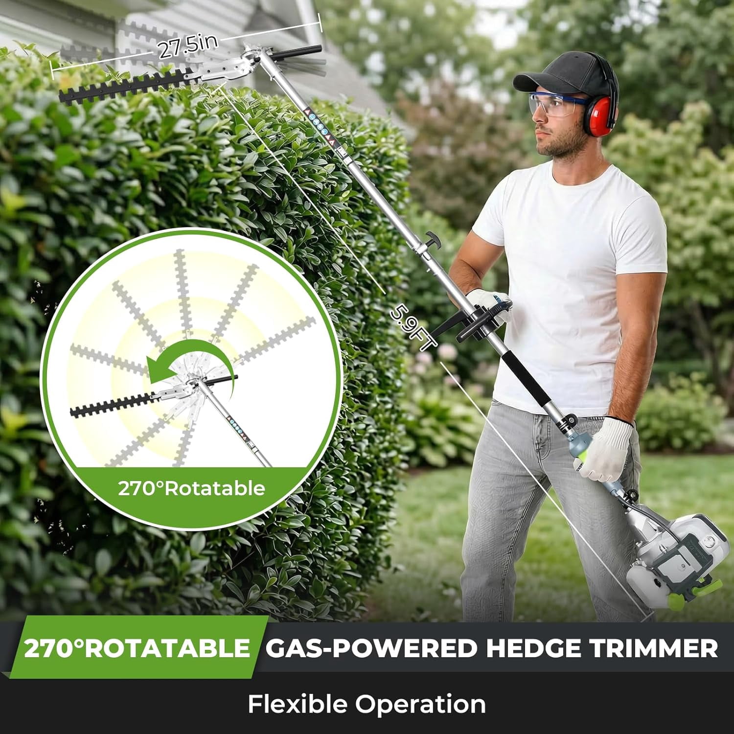 6-IN-1 52CC 2-Stroke Multi-Functional Gas Weed Wacker, String Trimmer Pole Saw Hedge Trimmer Brush Cutter, Safety Lock & Shoulder Strap