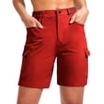 thumbnail image 3 of Womens Shorts with Button Closure, Elastic Waist Multi-Pockets Shorts, Casual Solid Color Cargo Shorts, Summer Outdoor Hiking Jogging Athletic Work | VerBelle,Red XL, 3 of 9