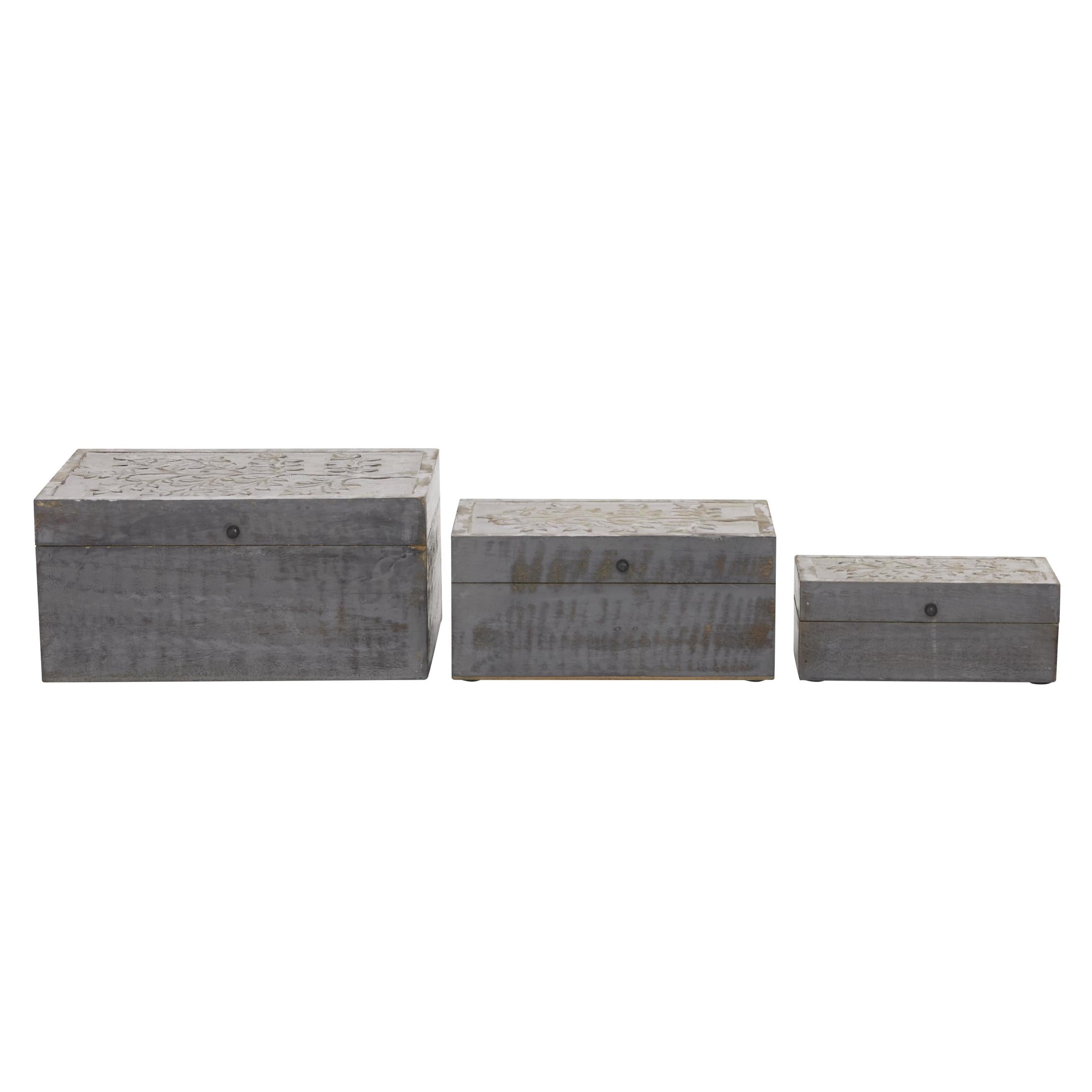 DecMode Floral Gray Wood Decorative Box with Hinged Lid, 3 Count