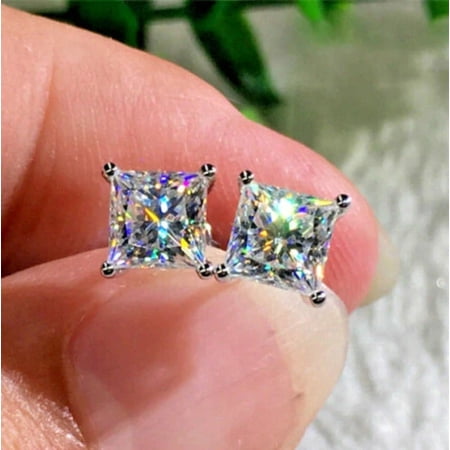 Classic Gems 3.00 CT Lab Created CZ Diamond Princess Cut Solitaire April Birthstone Stud Earrings 18K White Gold Plated 925 Sterling Silver