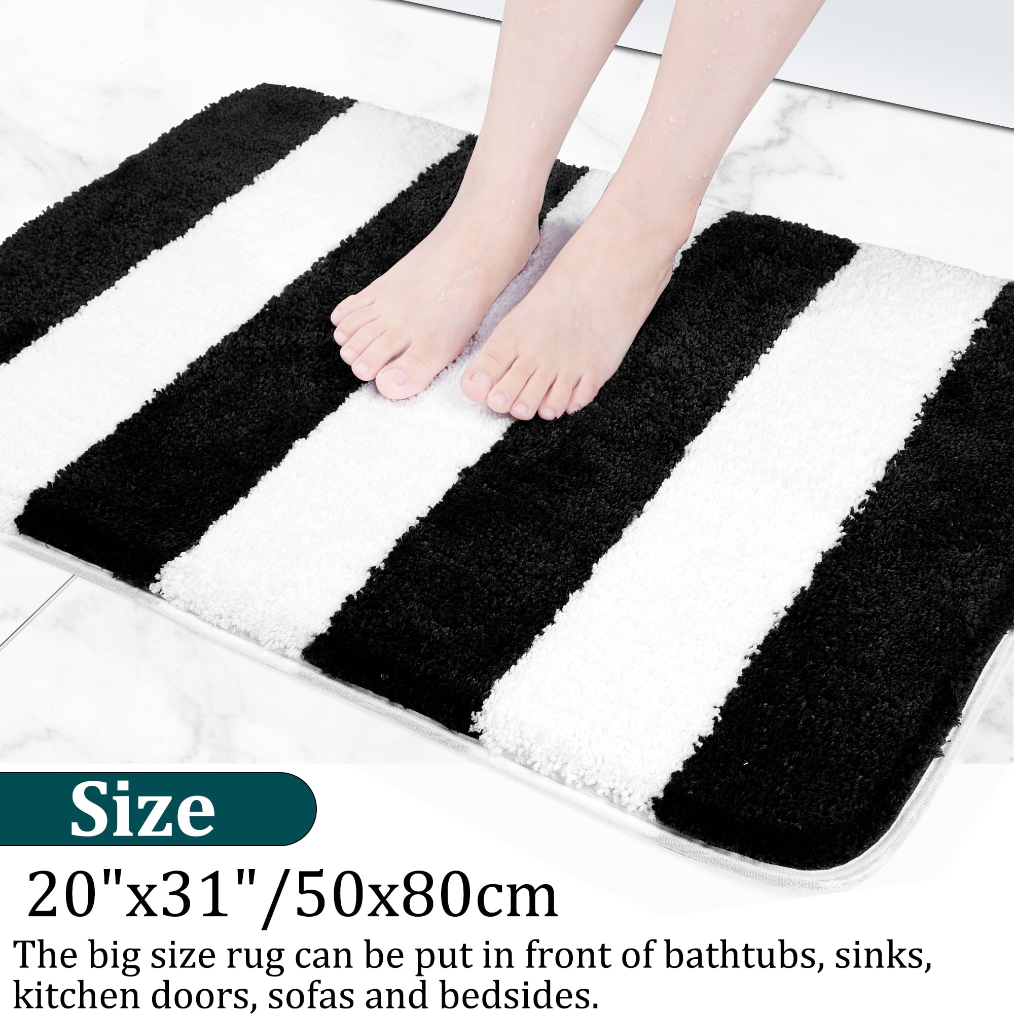 REGALWOVEN Microfiber Striped Bathroom Rugs, Shaggy Soft Thick&Water Absorbent Bath Mat Black&White 20"x31"