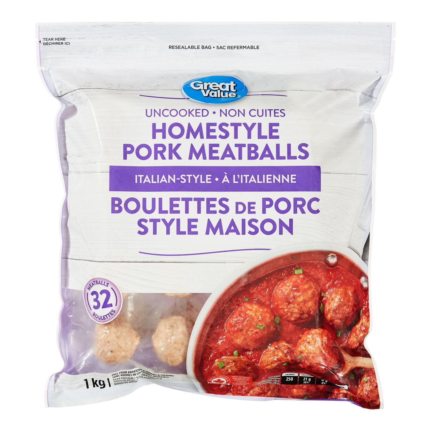 Boulettes non cuites de porc style maison à l'italienne Great Value 1 kg