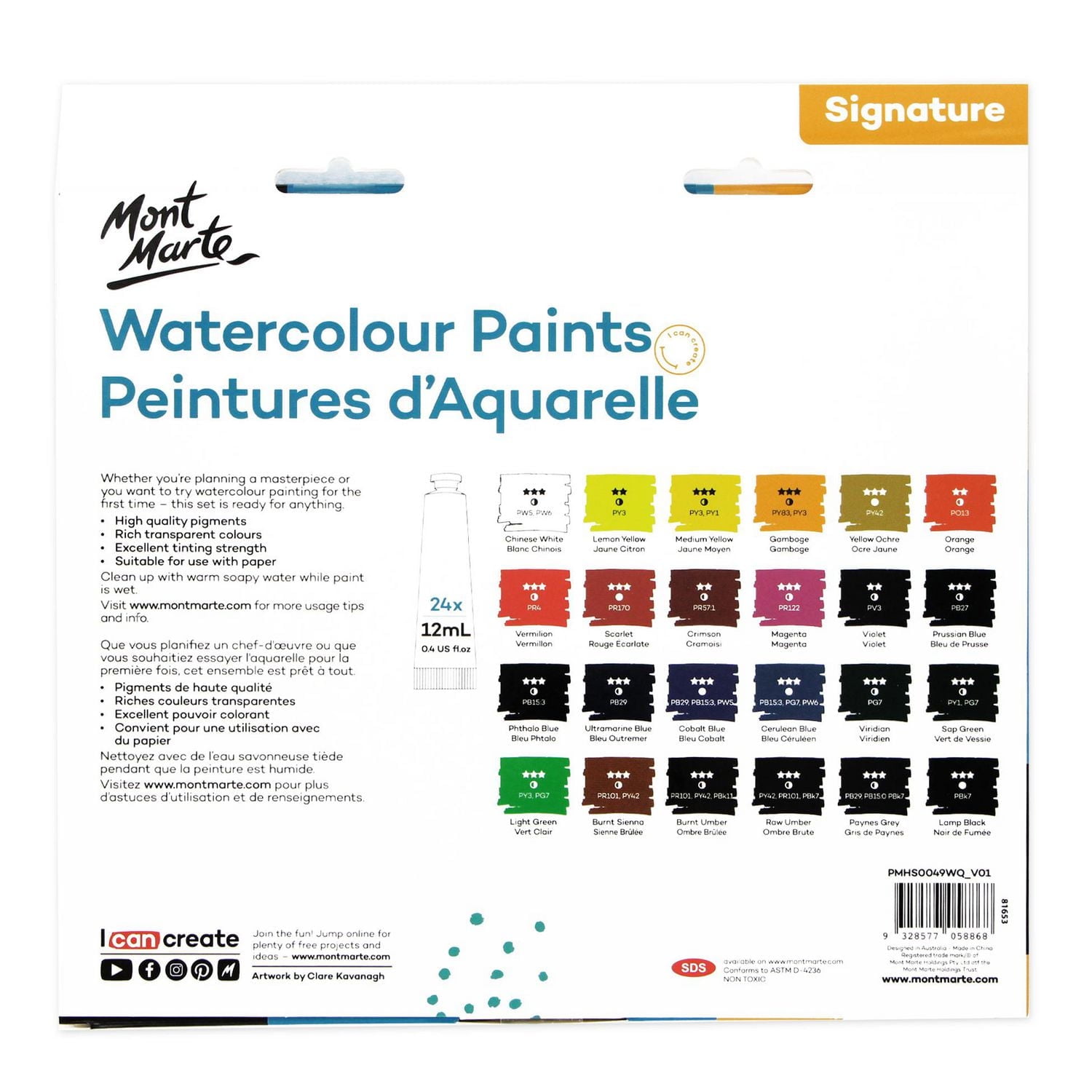 MONT MARTE Ensemble de peinture d'aquarelle de 2ml - 24mcx MM WATERCOLOR 24PC