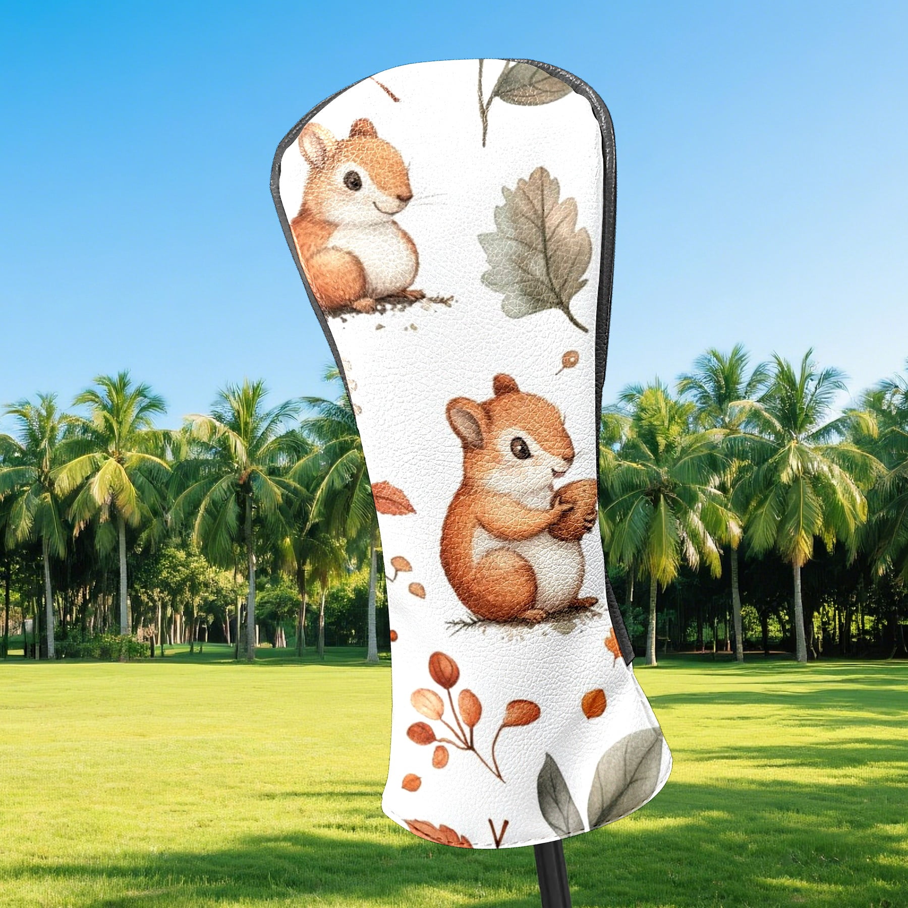 Golf Head Covers Squirrel & Pine Cones Design for Driver, Wood & Hybrid, Premium Waterproof PU Leather with Plush Lining, Forest Themed Golf Gifts
