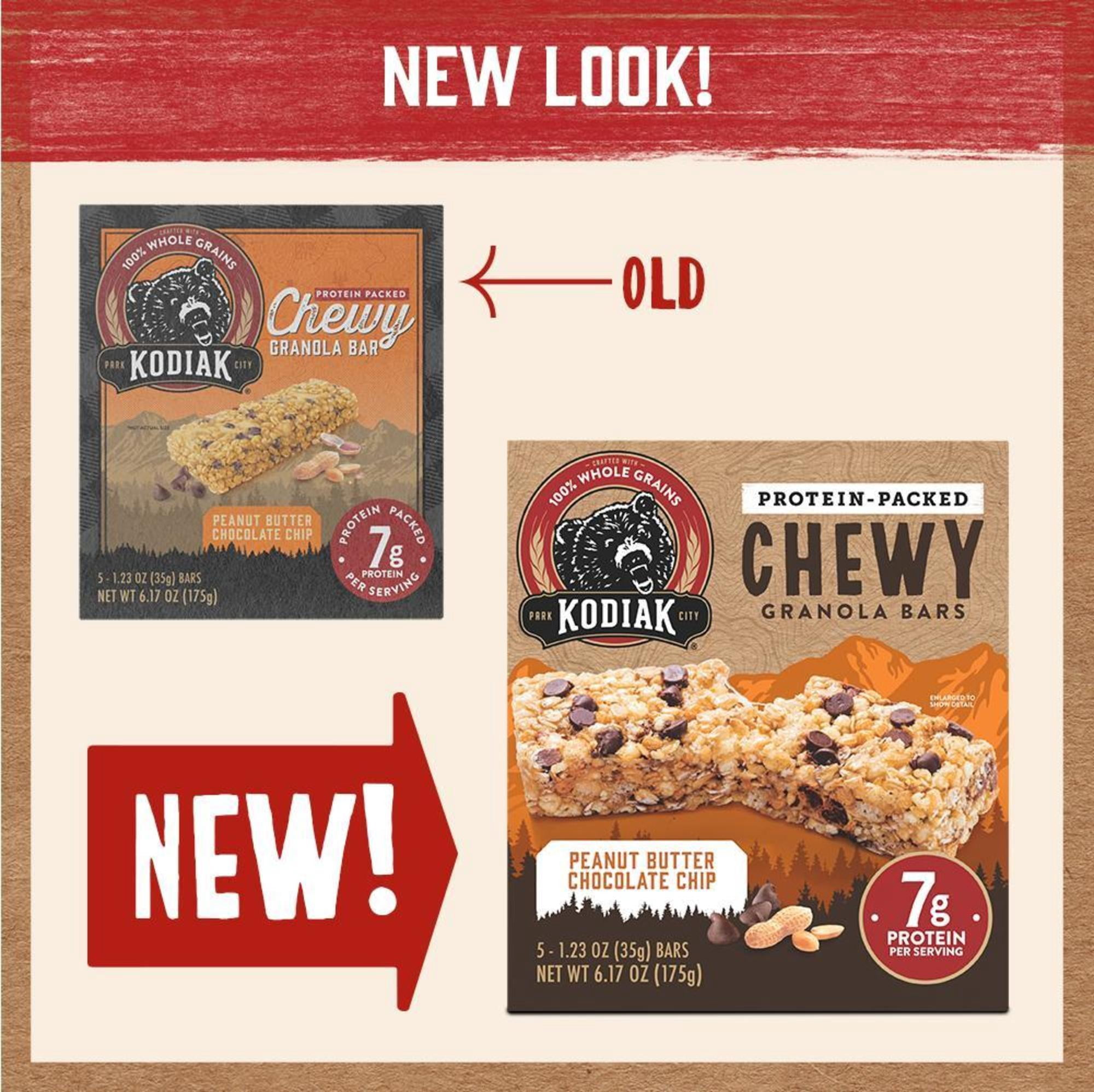 (3 pack) Kodiak Protein Packed Peanut Butter Chocolate Chip Chewy Granola Bar, 1.23 oz, 5 Count Cardboard Box