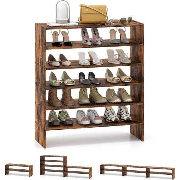 CZMJY 3-in-1 Vertical Shoe Rack, 6-Tier Free Standing Shoe Storage Organizer w/Stackable Design for 18 Pairs, 31 Inch Wide Wood Shoe Shelf for Closet, Entryway, Living Room, Office, Brown