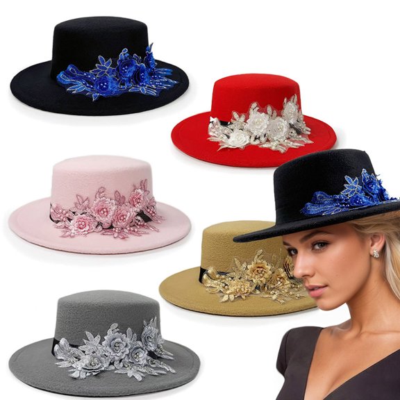 Beach Hats for Women Unisex Retro Floral Jewelry Style Wide Brim Party Hat Grey One Size