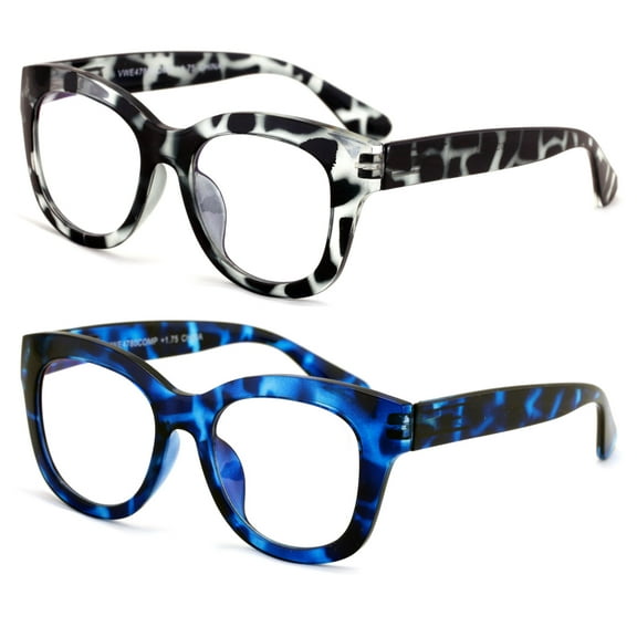 2 Pairs Women Bold Round Reading Glasses - Anti Blue Light Blocking Readers