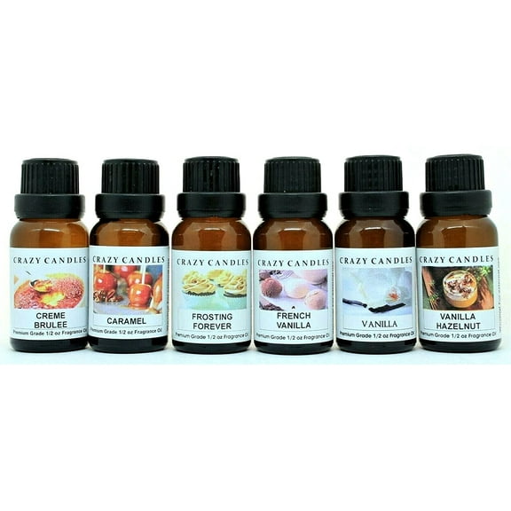 Crazy Candles 6 Bottles Set, 1 Creme Brulee, 1 Caramel, 1 Frosting Forever, 1 French Vanilla, 1 Vanilla, 1 Vanilla Hazelnut 1/2 Fl Oz Each (15ml) Premium Fragrance Oils