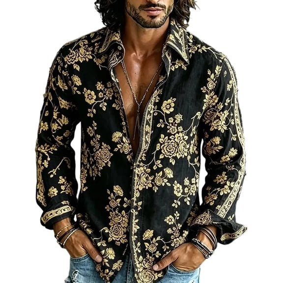 Mens Hippie Floral Button Down Shirt Plus Size 70s Disco Floral Long Sleeve Printed Casual Party Dress Shirts
