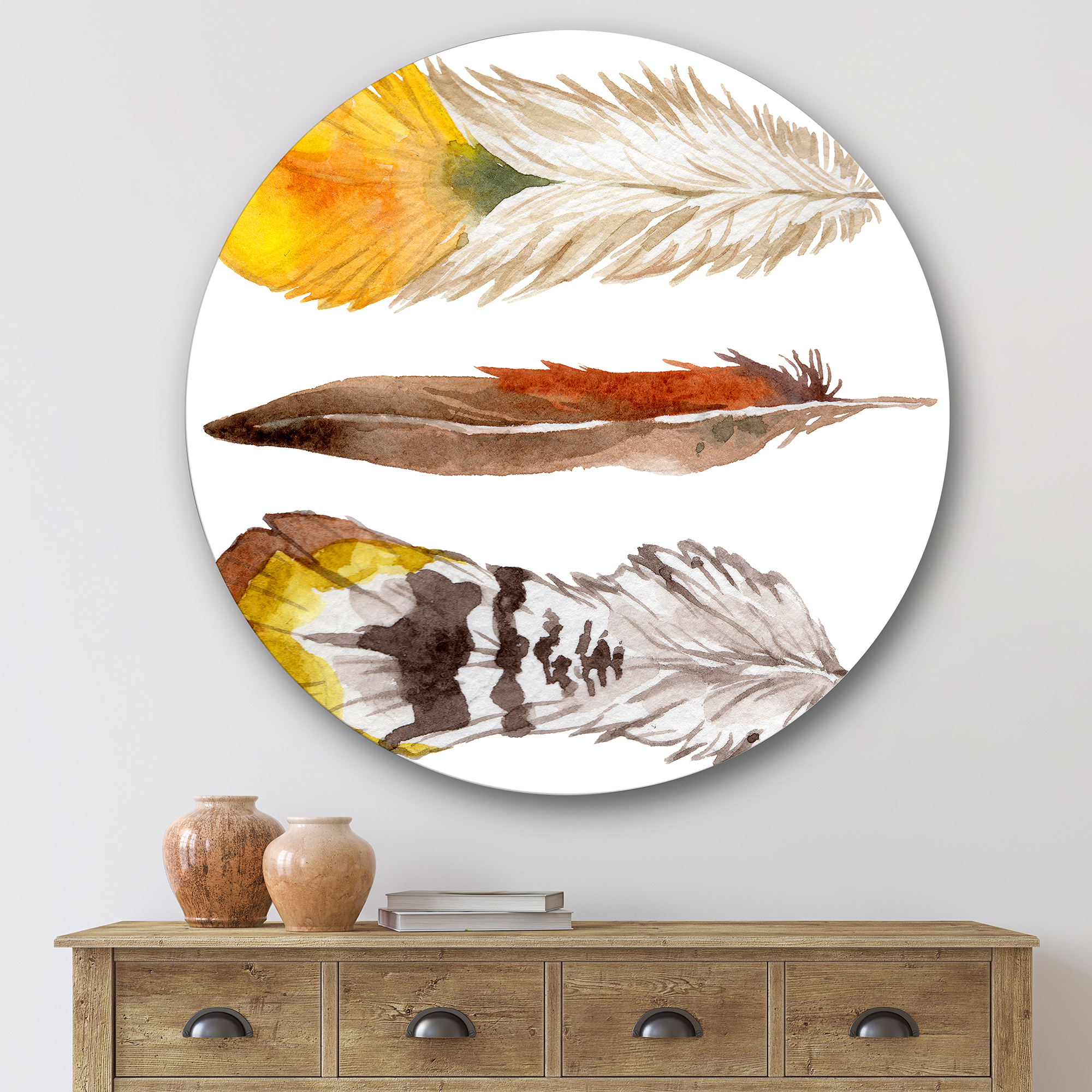 Designart 'Ethnic Yellow Feather From Wing On White' Bohemian & Eclectic Circle Metal Wall Art 29x29 - Disc of 29