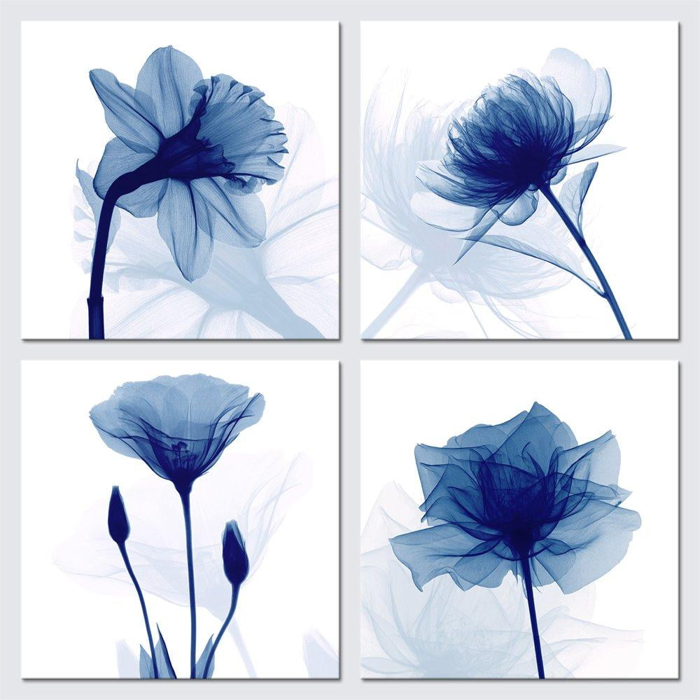 Pyradecor Blue Flickering Flower Modern Abstract Paintings Canvas Wall Art  Gallery Wrapped Grace Floral Pictures on Canvas Prints 4 Panels Artwork for  