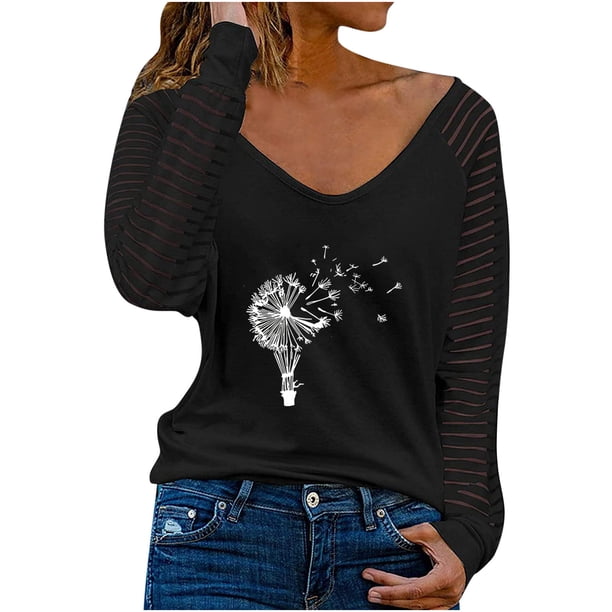 Camiseta de manga larga con cuello en V para mujer a la moda, blusa suelta con estampado de otoño Fridja fjkfkj4334