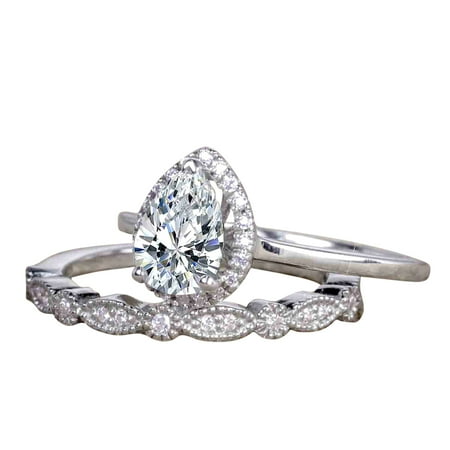 Pear cut 1.25 Carat Halo Wedding Ring Set in Moissanite and Moissanite with 18k Gold Plating