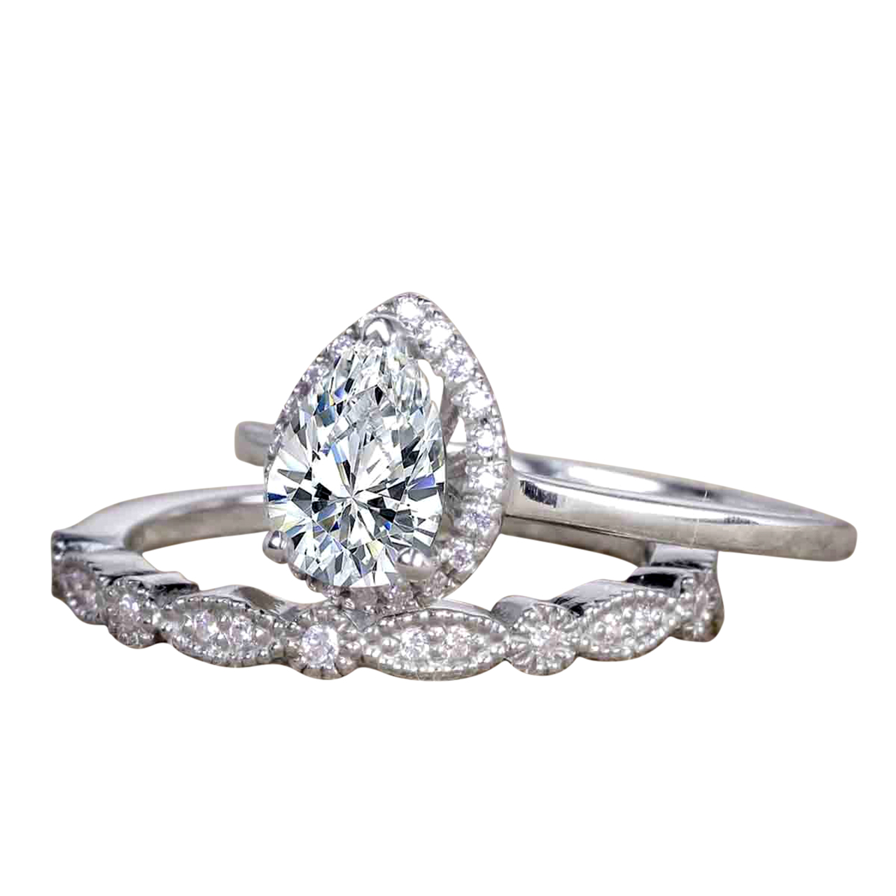 Best Seller 2 Carat Pear cut Moissanite and Diamond Bridal Set with 18k Gold Plating
