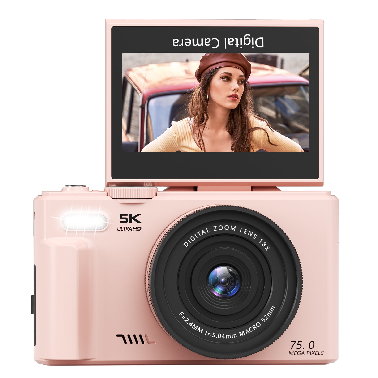 Saneen Digital Camera 5K 75MP WiFi Vlogging Cameras for You Tube 3''180° Flip Screen 18X Zoom with 32GB Card for Beginners Pink