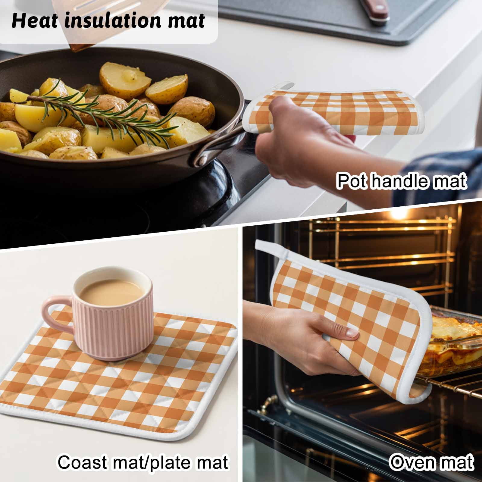 Orange Plaid Pot Holders for Kitchen Heatproof Potholder, 5 Pack Gradient Geometric Buffalo White Checkered Hot Pads Multipurpose Oven Pads Cloth Potholders Trivet for Cooking Baking