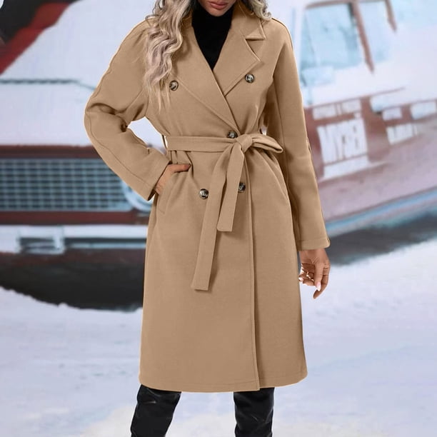 Gabardina informal de manga larga sin capucha para mujer, abrigo cálido y moderno de color liso con solapa y doble botonadura, de manga larga