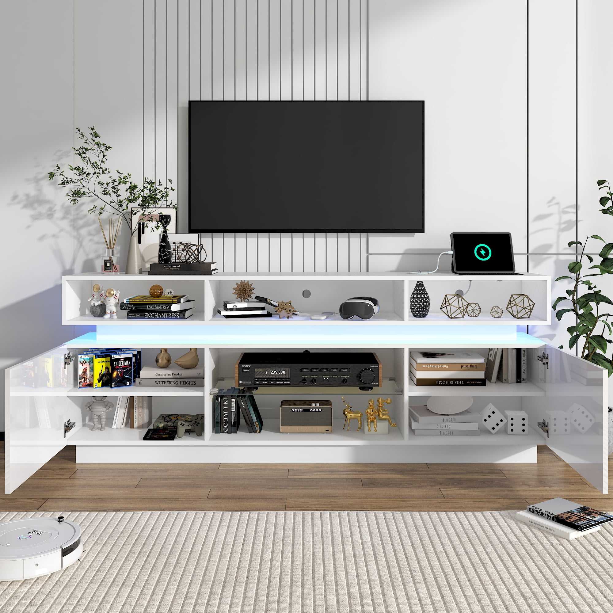 ChVans LED TV Stand for up to 80" TVs with Power Outlet, Modern Tall Entertainment Center with Storage, High Gloss Gaming TV Media Console with 2 Storage Cabinets for Living Room, Bed Room