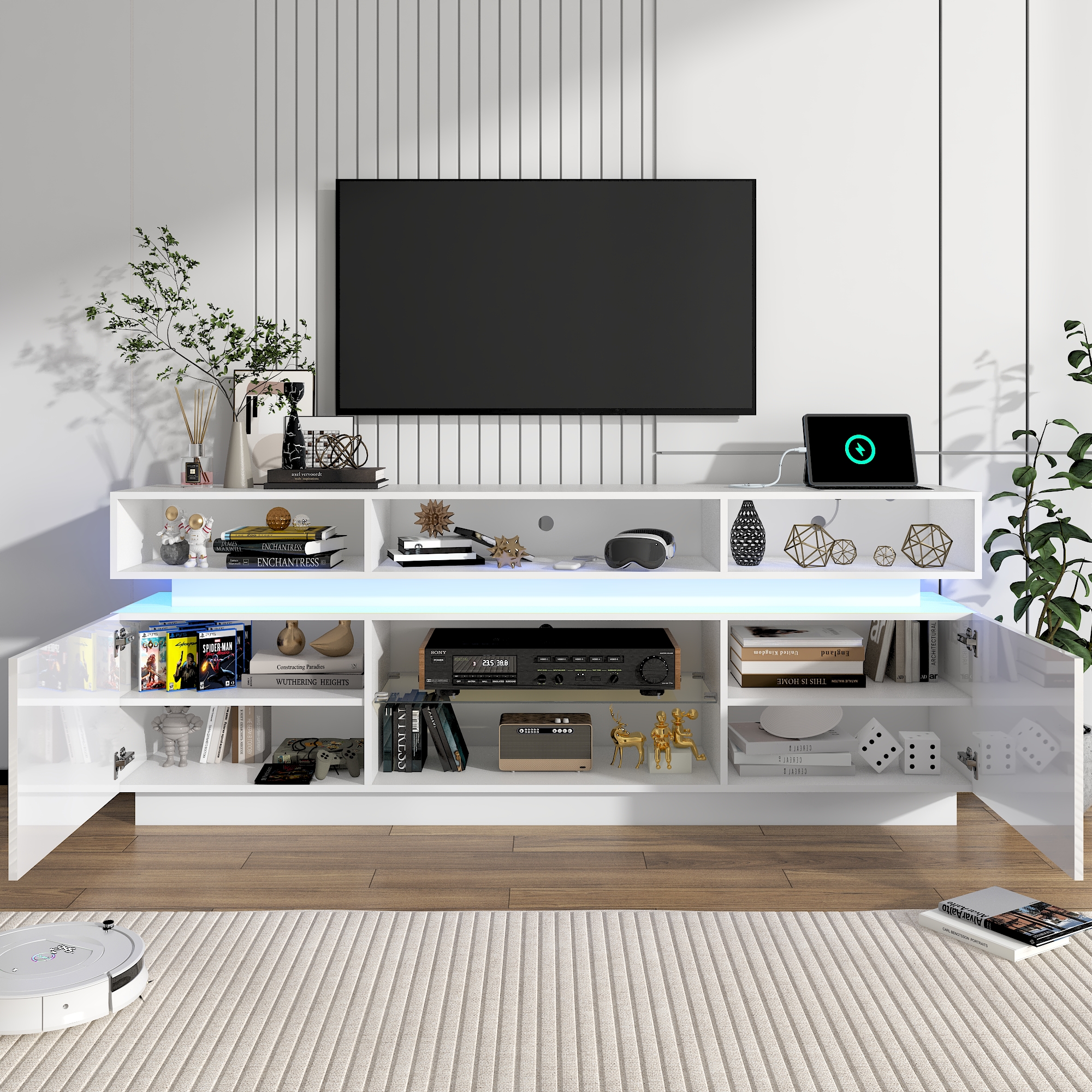 Chvans LED TV Stand for 80" TVs with Power Outlets, White photo 6