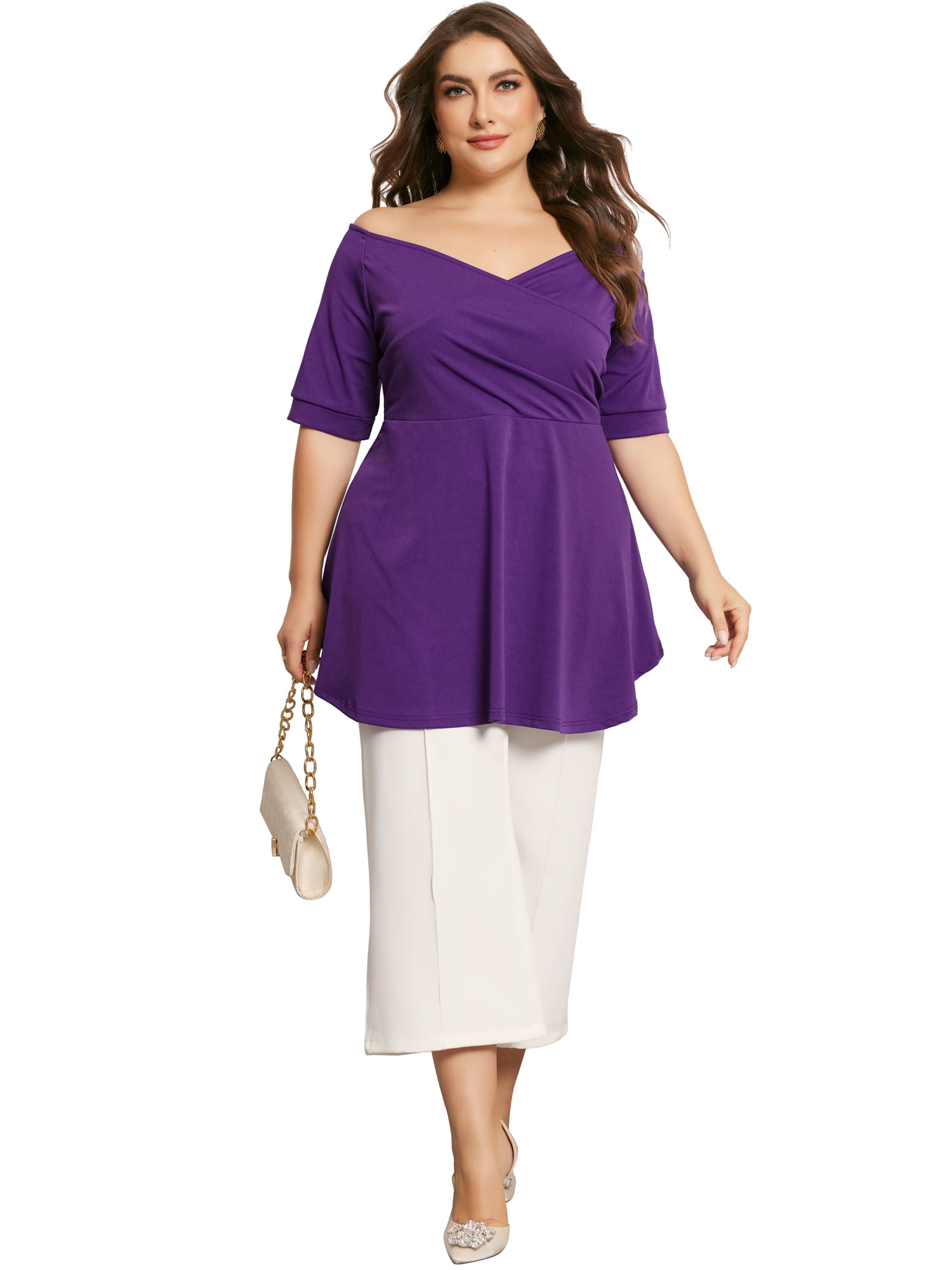 DARING DIVA Women's Plus V Neck Short Sleeve Ruched Peplum Blouse 4X Purple