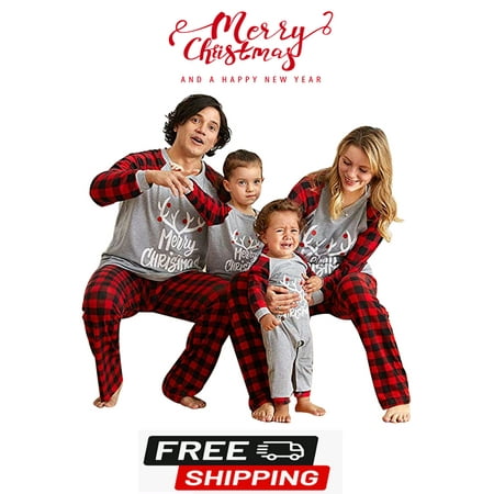 

Matching Family Pajamas Sets Christmas PJ s with Letter and Plaid Printed Long Sleeve Tee and Bottom Loungewear